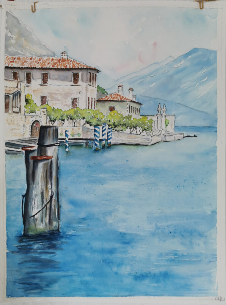 Aquarelle Limone Lac de Garde Paysage Italie 