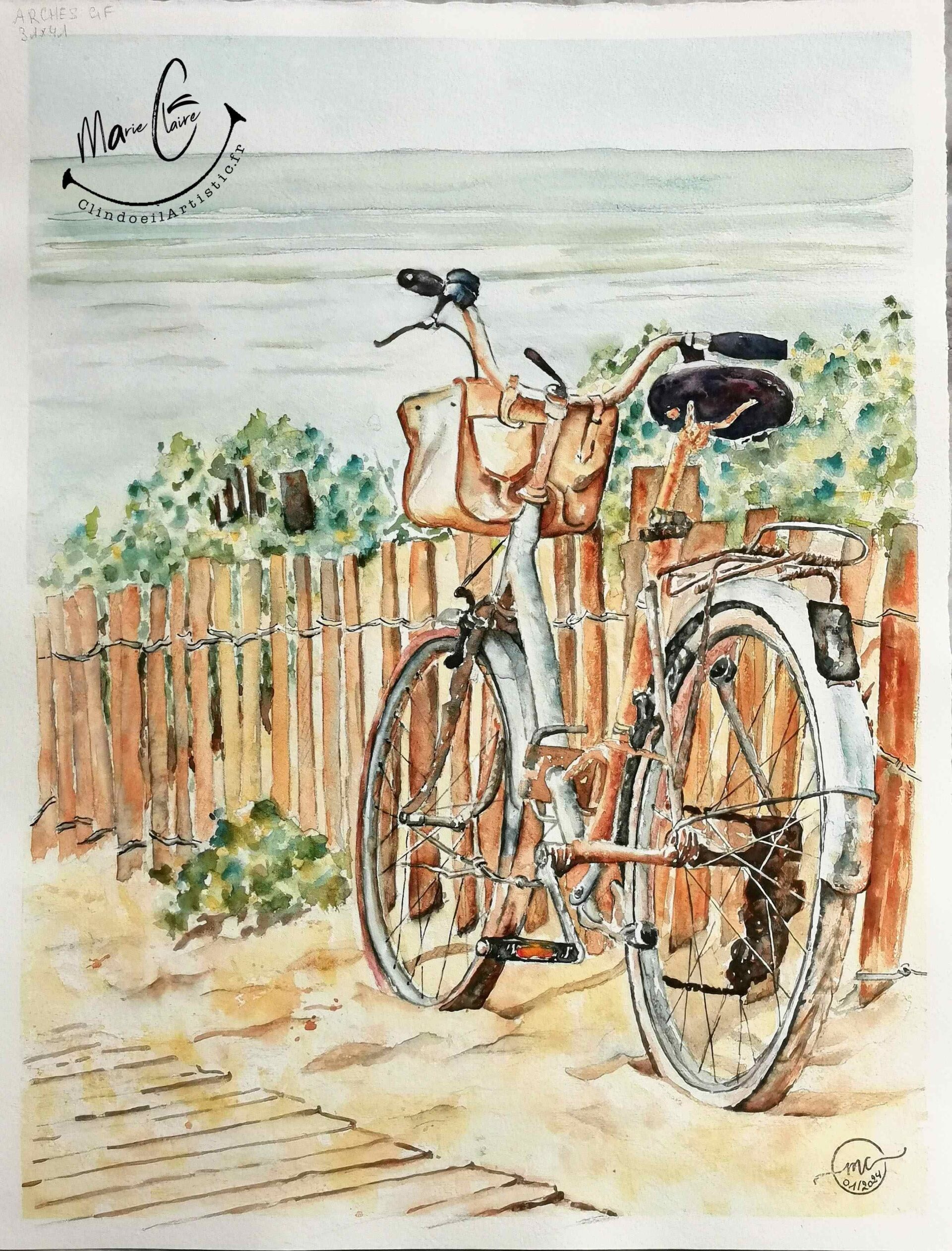 Aquarelle les ganivelles et le vélo